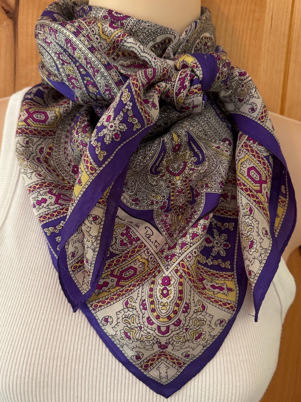Vintage Oscar de la Renta Silk Paisley Scarf Purple Ivory 34”